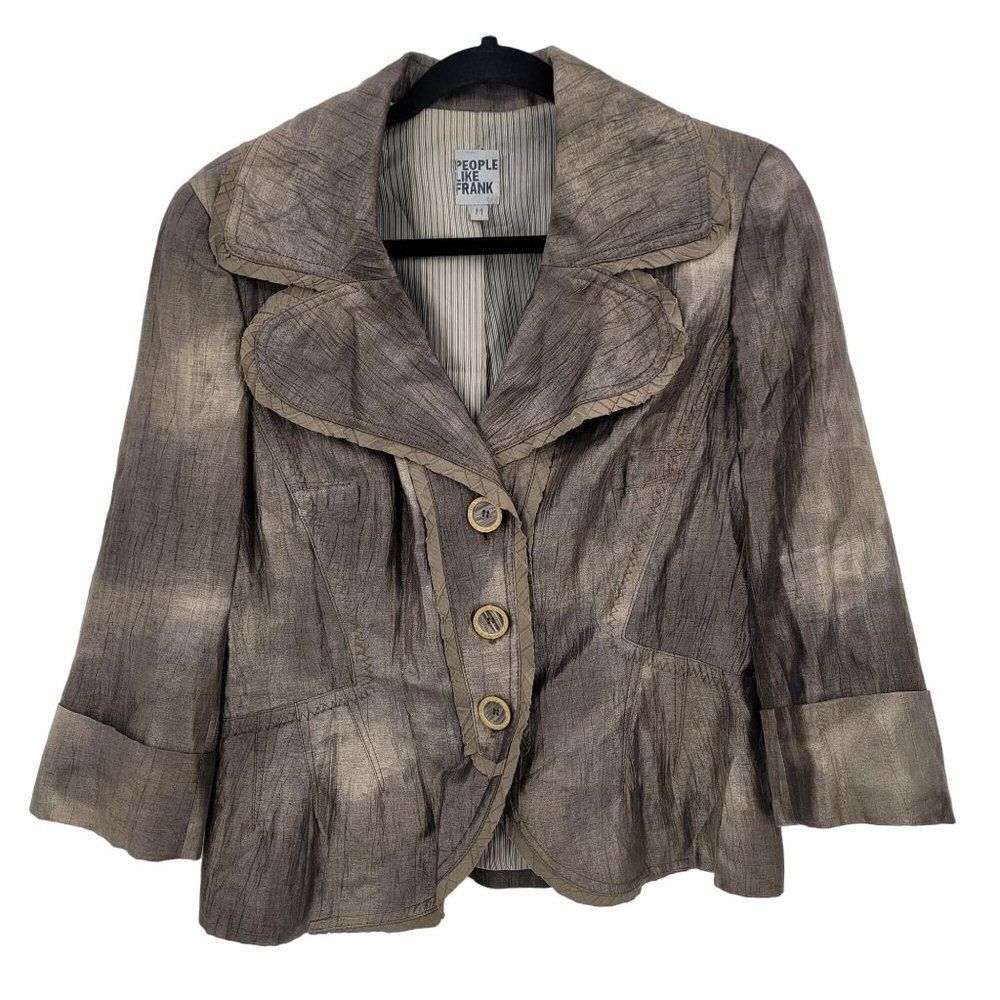 Y2K Anthropologie‎ Linen Blazer M Satin Brown Crinkle Ruffle Single Breasted USA